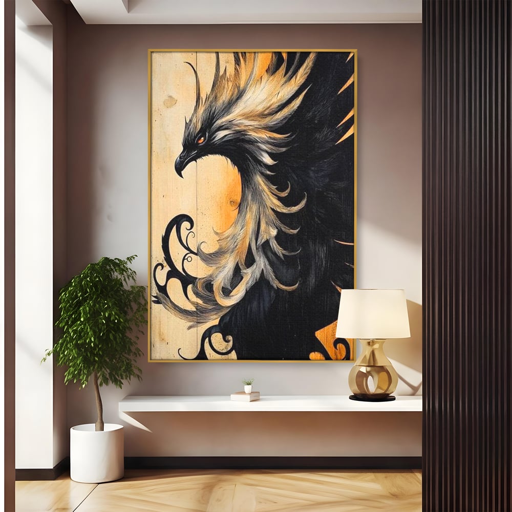 Tablou canvas cu tablou canvas cu pasare mitologica phoenix, in rama de aluminiu auriu